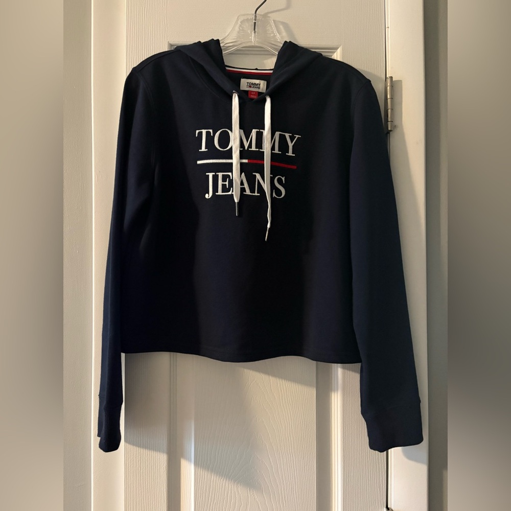Tommy Hilfiger Navy Hoodie with Red Trim and White Logo Tag